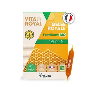 Vitavea - Vita'Royal Fortifiant BIO - Gelée royale 1800 mg hautement dosée - Fortifiant, Bienfaits Naturels de la Ruche - Complément alimentaire vitamine - 10 ampoules - Fabriqué en France