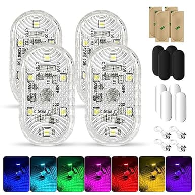 4Pcs RGB Éclairage Intérieur de Voiture, Lumières Intérieures de Voiture sans Fil,Eclairage d'ambiance pour l'intérieur,Lampe Tactile 7 Couleurs LED, Plafonnier Rechargeable USB