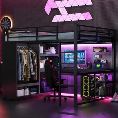 Arhatreya Lit mezzanine de jeu, 160 x 200 cm, en métal, avec LED, lit simple avec bureau, armoire ouverte et compartiments de rangement (sans matelas), noir