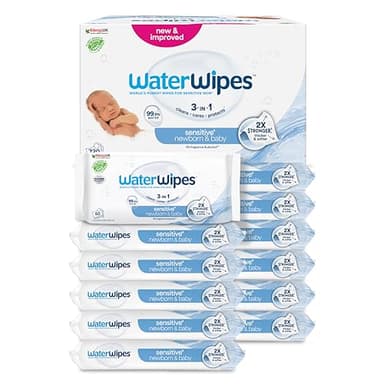 WaterWipes Sensitive+ Newborn & Baby Wipes, Lingettes Pour Nouveau-Nés et Bébés, 720 unités (12 paquets), 3-en-1 nettoie, soigne, protège, 99,9% d'eau, non parfumées