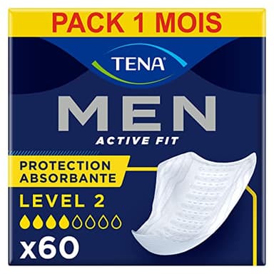TENA Men Protections Absorbantes Niveau 2 Incontinence Homme - Pour Fuites Urinaires Modérées, Sans parfum, Blanc, 60 Protections (Pack 1 mois) (L'emballage peut varier)