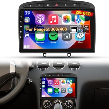 NHOPEEW Autoradio Android 2G+64G pour Peugeot 308/408 2007-2013 - sans Fil Carplay & Android Auto - Stéréo Android 9 Pouces avec WiFi EQ GPS Mirror Link FM RDS + AHD Caméra de recul&Mic