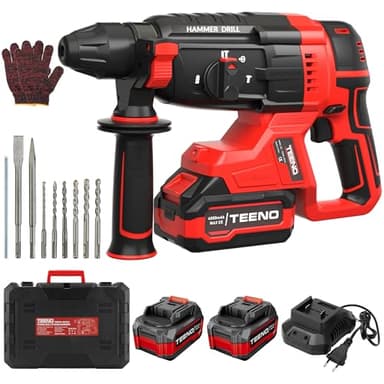 TEENO Marteau Perforateur Sans Fil 20V Brushless, 2 Batteries 4.0Ah & Chargeur, 1500RPM,4850BPM, SDS-PLUS, LED, Design Antivibration, Perforateur Burineur avec 8 Accessoires et Coffret