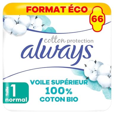 Always Cotton Protection Ultra Normal (Taille 1) Serviettes Avec Ailettes 66X, Voile 100% Coton Biologique