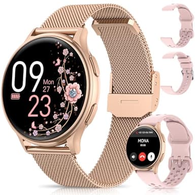NAIXUES Montre Connectée Femme avec Appels Bluetooth, 1,27" Smartwatch Femme avec 3 Bracelets, Fonction Féminine, Fréquence Cardiaque, Sommeil/SpO2/70+ Mode Sportifs/IP68 Podomètre iOS Android Or Rose