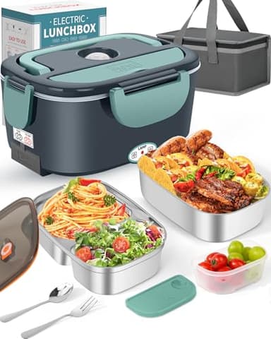 Eocolz Boîte à déjeuner électrique 80-100 W pour adulte, chauffe-repas portable pour voiture, camion, travail avec fourchette et cuillère en acier inoxydable (Vert)