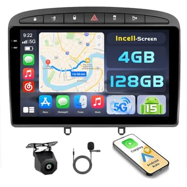 Hikity Android 15 4+128G Autoradio Carplay pour Peugeot 308/408 2007-2015 Aves 9" Écran Tactile Incell, Auto Radio Aves sans Fil Carplay Android Auto, BT/WiFi/FM/RDS+Caméra de Recul+MIC