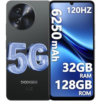 DOOGEE Note 59 Smartphone 5G Android, 32GB RAM+128GB ROM/TF 2TB, 6.75'' HD 120Hz Telephone Portable, Unisoc T8200, Batterie 6250mAh, Ultra-Mince 8,6 mm, Caméra 16MP 4K, NFC/Widevine L1/Face ID-Noir