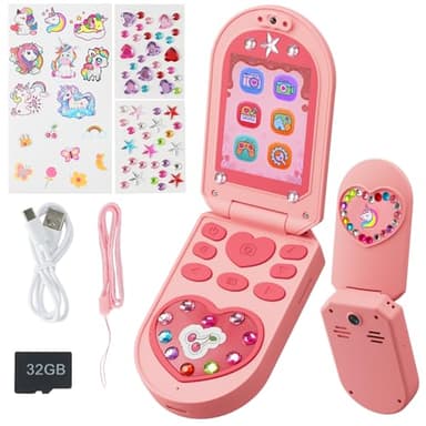Téléphone Portable Enfant, Appareil Photo Enfant avec Double Caméra, Vidéo, Musique, 5 Jeux Éducatifs, Cadeau Jouet pour Filles et Garçons de 3 à 7 Ans Inclus Carte SD 32G, Comprend 3 Autocollants