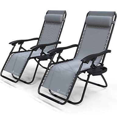 vounot® Lot de 2 Chaise Longue inclinable avec Support de Gobelet Amovible Chaise de Jardin Pliable en Textilène Chaise Longue avec Rembourrage de Tête Amovible Charge Max 120KG Gris