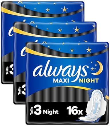 Always Maxi Serviettes Hygiéniques, Taille 3, Night, 16 Serviettes Avec Ailettes, Flux Très Abondants Nuit, Cœur Ultra Absorbant et Barrières Anti-Fuites (Lot de 3)