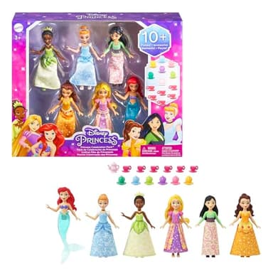 Mattel Princesses Disney Coffret 6 mini-poupées articulées avec Tiana, Cendrillon, Mulan, Belle, Raiponce et Ariel, habillage scintillant et 13 accessoires, Jouet Enfant, Dès 3 ans, HLW91