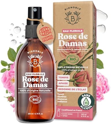 BIONOBLE Eau de Rose Bio - Tonifie, Apaise, Redonne Éclat - Hydrolat 100% d'Origine Naturelle, Sans Alcool - Eau de Rose Visage, Cheveux, Contour des Yeux - Rose Water Spray avec Flacon Verre - 200ml