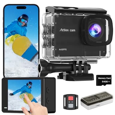 TIMNUT Caméra Sport à Écran Tactile 4K60FPS, Caméra sous-Marine 40M avec Carte SD 64G, Caméra d'action HD WiFi 48MP avec EIS, Zoom 8X, CaméraSportive avec 2 Batteries 1350 mAh, télécommande 2,4G