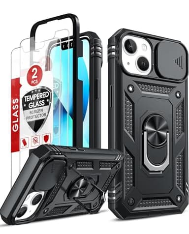 LeYi Coque pour iPhone 13 6.1"(Pas 13 Pro Max/13 Pro) avec 2*Verre Trempé+Anneau Support,Full Protection de la Caméra en PC Dur Anti-Chut Renforcée Armor Heavy Duty Antichoc Bumper Housse Etui,Noir