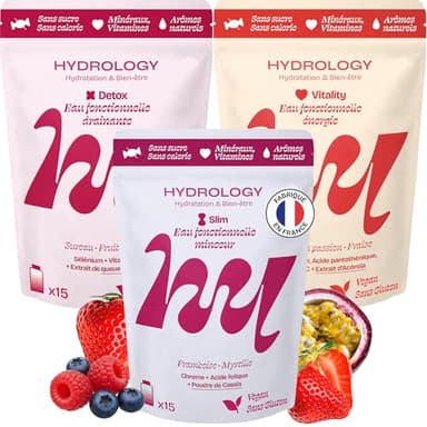 HYDROLOGY - Pack Trio Eau Aromatisée - Pastilles sans sucre - Minceur, Detox & Énergie - 3x15 pastilles effervescentes - Végan & Naturel - Framboise Myrtille, Fruits Rouges & Passion Fraise