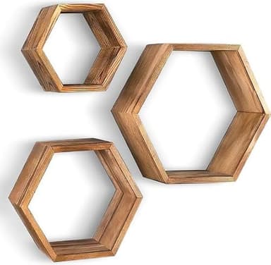 IvoQ – Lot de 3 Étagères Murales Hexagonales en Bois de Pin Naturel | Design Scandinave | Étagères Murales Décoratives pour Salon, Chambre, Cuisine ou Bureau