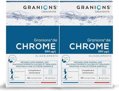 Chrome GRANIONS - 250 µg - Fabriqué en France - Maintien d'une glycémie normale - Coupe Faim - Lot de 2 x 60 comprimés