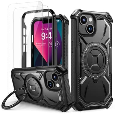 Lanhiem Coque pour iPhone 14 Plus avec 2 Verre Trempé, Antichoc Étui de Militaire Protection, Anneau Support Renforcée Armure Etui pour iPhone 14 Plus Housse, Noir