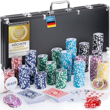 Mallette de poker Profi Pokerset comprenant 300-500 jetons de poker de haute qualité ; deck de poker, jeu de cartes, cartes de poker, dés, bouton de croupier ; casino à domicile (Noir, 500 Jetons)