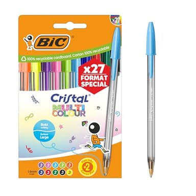 BIC Cristal Multicolour Stylos-bille Pointe Large (1,6 mm) Édition Spéciale - Encres classiques, fluos et fantaisie de couleurs assorties, pack de 27