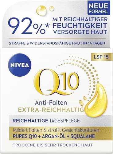 NIVEA Q10 Crème de jour pour le visage avec SPF 15, soin raffermissant du visage avec Q10, huile d'argan bio et squalane, crème de jour pour peaux très sèches, Q10 anti-rides extra riche (50 ml)