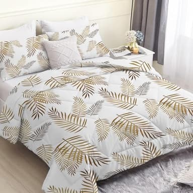 Linfye Couette 220x240 cm Plantes Blanche Imprimée Feuilles Palmier 4 Saisons pour Lit 2 Personnes, Edredon Réversible Légère, Sans Housse, avec 2 Taies d'Oreiller 65x65 cm
