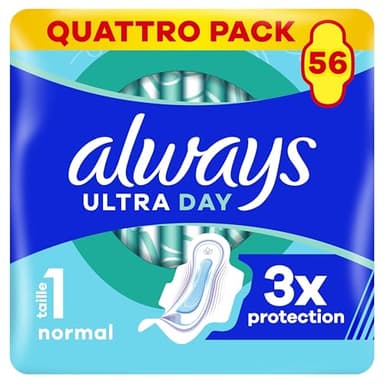 Always Ultra Jour Serviettes Menstruelles Normal (taille 1) Avec Ailettes 56 Serviettes, Super Absorbantes Et Ultra-Fines, Pour Règles