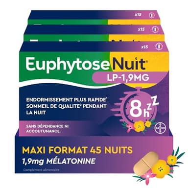 Euphytose Nuit LP Mélatonine 1,9 mg - Complément Alimentaire Sommeil Adulte - Favorise l'Endormissement et la Qualité du Sommeil - Libération Prolongée 8H - Valériane - 3x15 comprimés - 45 Nuits