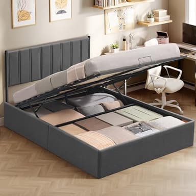 VASAGLE Lit Coffre 140 x 190 cm, Cadre de Lit, 2 Personnes, Sommier Relevable, avec Rangement, Système Hydraulique, Moderne et Minimaliste, Montage Facile, Gris Foncé RMB613G02