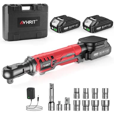 Avhrit Clé à cliquet sans fil 3/8",Max 120Nm, Cliquet Électrique avec LED, 2x 2.0Ah Batteries, Coffret de 11 Douilles——Idéal pour auto et bricolage