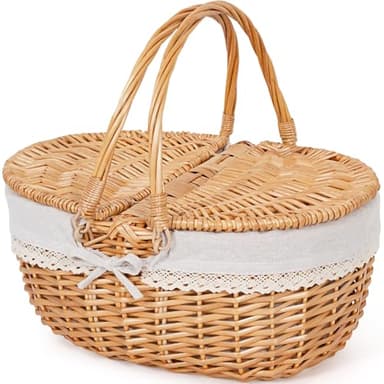 Happypicnic Grand panier de pique-nique vide en osier avec poignée, 38,1 cm avec couvercle et doublure amovible, panier vintage tissé à la main pour pique-niques, camping, cueillette de légumes, fête