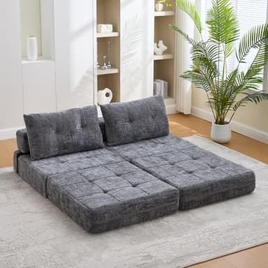 OKMYHOME Fauteuil Convertible 1 Place avec Matelas Pliable et Coussin - Structure Métal et MDF - Revêtement Chenille - Gris