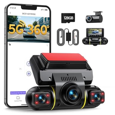 LAMTTO 360 Degrés Dashcam Voiture Avant Arrière 4 Canaux Camera Embarquée Contrôle de l'application Wi-FI 5G Surveillance du Stationnement Vision Nocturne IR Kit de Câblage pour SD 128GB Incluse