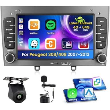 Inefala 4+64G Radio pour Peugeot 308/408 2007-2013, 7'' Android 15 Ecran avec sans Fil Carplay/Android Auto Lien Miroir GPS Radio FM/RDS DSP WiFi Bluetooth SWC USB AHD Caméra de Recul
