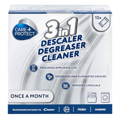 CARE+PROTECT 3en1 Pour Lave-Linge et Lave-Vaisselle - Anti Calcaire - Hygiénisant et Dégraissant - Désodorise - Universel - en Poudre - Prolonge la durée de vie de la Machine - 24 Sachets Pour 24 Mois