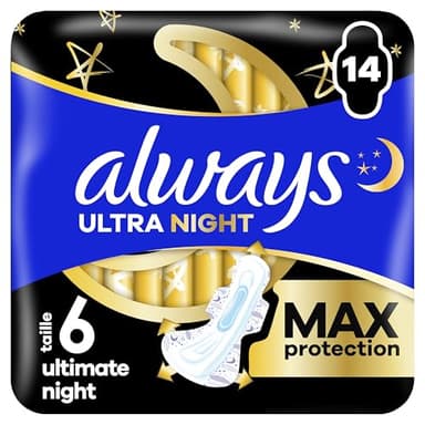Always Serviettes Menstruelles Ultimate Nuit (Taille∘6) Ailettes x 14, Super Absorbantes, Pour Règles