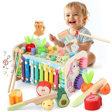 10 en 1 Jouet Montessori 1 an, Jouet Bebe Enfant 1 2 3 Ans Jeux en Bois avec Xylophone, Jeu de Tri, Jeu Pêche, Jeu Marteau, Jouet d'activité et Développement Cadeau Educatif Anniversaire Fille Garcon