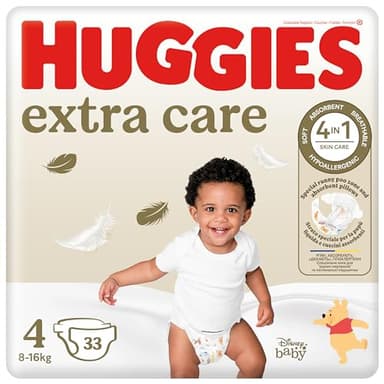 Huggies Extra Care Design Disney, couches ultra absorbantes, protection complète, taille 4 (8-16 kg), lot de 33 pièces