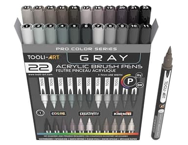 TOOLI-ART Lot de marqueurs de peinture acrylique à pointe pinceau flexible de 1 à 7 mm pour peinture sur roche, lettrage au pinceau, verre, tasses, bois, métal, toile, tissu, plastique, non toxique à