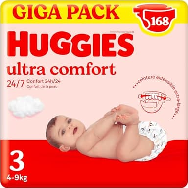 HUGGIES Ultra Comfort - Couches bébé Taille 3 (4kg-9kg) - 3 paquets de 56 couches - ceinture ultra douce - absorbtion rapide - sans parfum - chlore et latex - emballage recyclable