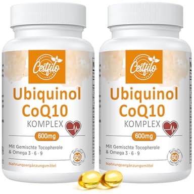 Ubiquinol CoQ10 600 mg gélules softgel - Forme active de CoQ10 plus vitamine E & oméga 3 6 9 - Antioxydant avancé coenzyme Q10 Complément alimentaire pour le cœur et le cerveau (60 Count, Pack of 2)