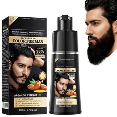 Noir Coloration Homme 4-en-1 Shampoing Colorant Noir pour Cheveux et Barbe, Teinture Barbe Homme Naturelle et Semi-Permanente, Hair Color Shampoo Facile à Domicile, 200ml