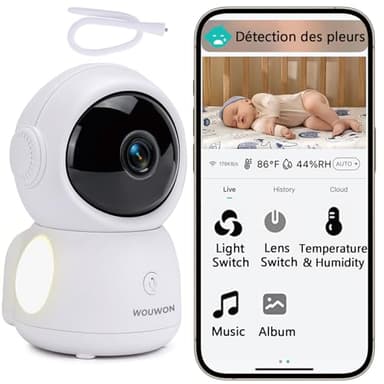 WOUWON Babyphone Caméra avec Support, Détection des Pleurs, Réel 2K Caméra bébé Surveillance, Babyphone Connexion WiFi et Contrôle App, Température & Humidité, Berceuses, Lumière RVB