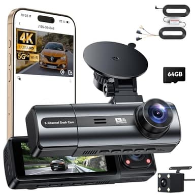 4K Dashcam Voiture Avant Arrière avec Hardwire Kit, 3 Canaux Camera de Bord avec 24H Mode Parking, Carte SD 64G, WiFi & Application, G-Capteur, WDR, Vision Nocturne, Enregistrement en Boucle