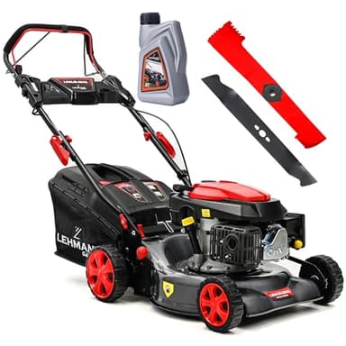 LEHMANN Tondeuse à Gazon Thermique Autotractée, 146 cm³ 2,6 KW, Largeur de Coupe 42 cm, 5 Niveaux 25-70 mm, 40L de Capacité de Ramassage, Surface Jusqu'à 2000 m², Carrosserie Solide en Carbone