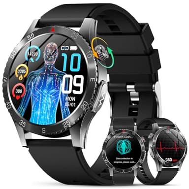 YUPENG Montre Connectée Homme avec 𝐆𝐥𝐲𝐜é𝐦𝐢𝐞/ECG+HRV/Acide urique/IMC, 1.43" AMOLED Smartwatch avec Appel Bluetooth, 24H Cardiofrequenceme/SpO2, Sommeil, Appel d'urgence SOS pour Android/iOS