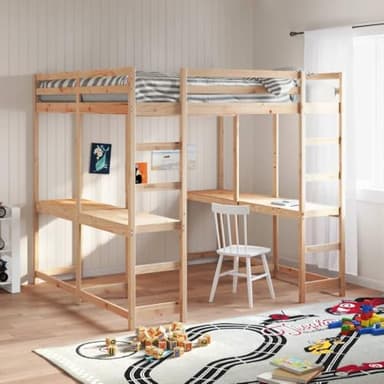 Bucmath Lit mezzanine avec bureau et échelle, 160 x 200 cm, en pin massif, cadre de lit robuste, design peu encombrant pour chambre d'adolescent, meubles de chambre à coucher