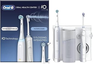 Oral-B Irrigateur de centre de santé buccale : hydropulseur, 1 buse oxyjet, 1 buse jet d'eau, 1 brosse à dents électrique iO4, 2 têtes de brosse à dents