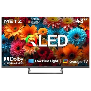 Metz QLED TV 43 Pouces (109 cm) 4K Smart LED Television Google Tele HDR 10 MEMC DBX Dolby Atmos Game Hub EyeCare Tuner DVB-T/-T2/-C/-S/-S2 CI+ (2025 Modèle, Noir 43MQF7500Z)